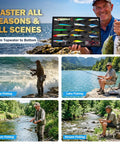 Collage of action packed bass fishing lures kit with tackle box for freshwater and saltwater use, shown in various fishing scenarios.