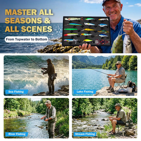Collage of action packed bass fishing lures kit with tackle box for freshwater and saltwater use, shown in various fishing scenarios.