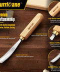 Top Tier 12 Piece Wood Carving Chisel Set With Rock Hard 60CrV Steel Blades And Smooth Ash Wood Grips For Beginners And Veterans To Kick Off Any DIY Project Slick Cuts Every Time Includes Heavy Duty Canvas Zipper Roll Up Storage Pouch - close-up of ergonomic ash wood handle and brass ferrule.