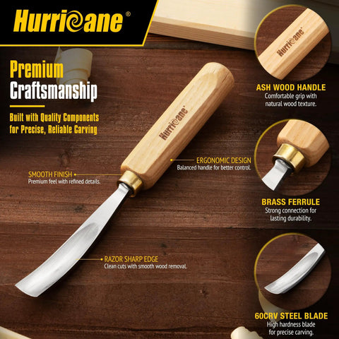 Top Tier 12 Piece Wood Carving Chisel Set With Rock Hard 60CrV Steel Blades And Smooth Ash Wood Grips For Beginners And Veterans To Kick Off Any DIY Project Slick Cuts Every Time Includes Heavy Duty Canvas Zipper Roll Up Storage Pouch - close-up of ergonomic ash wood handle and brass ferrule.