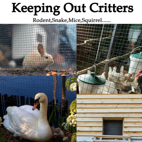 Various applications of Beefy Heavy Duty One Quarter Inch Hardware Cloth Four By Ten Foot Galvanized After Welding Twenty Three Gauge Wire Mesh Roll For Chicken Pens Coops Garden Fences Poultry Netting Cage And DIY Projects shown with animals.