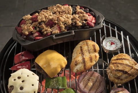 Grill Surface Thermometer For Griddle And Pan Find Hot Spots Fast With Fog Proof Display next to grilled food on BBQ