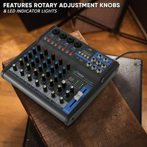Six Channel Bluetooth DJ Audio Mixer With USB Input And Built In MP3 Player 48V Phantom Power 3 Band EQ displayed on stand