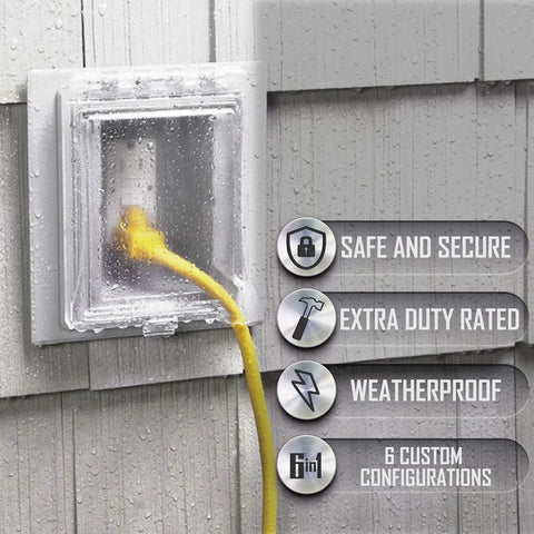 Built Tough Heavy Duty 1-Gang Recessed Weatherproof In-Use Outlet Cover in use with yellow cord outdoors