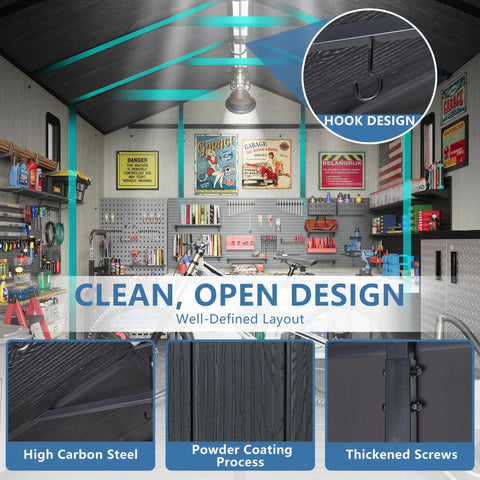 Interior of 8x6 Ft Resin Storage Shed With Floor For Backyard And Outdoors, featuring well-defined layout and storage organization.