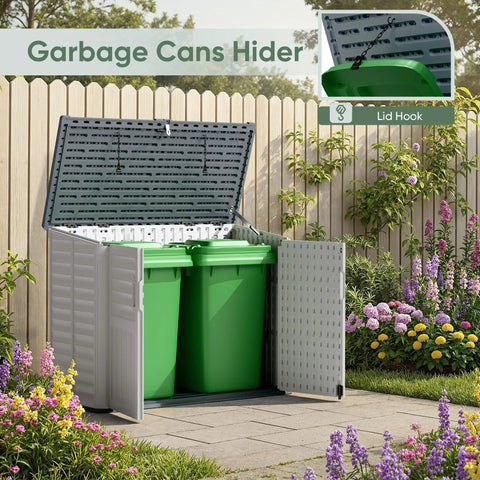 Backyard Resin Storage Shed 34 Cu Ft Waterproof Cabinet With Double Locks Beige Weatherproof Organizer for Trash Cans