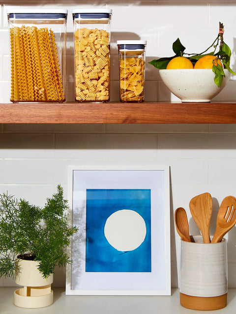 Keep It Fresh With Airtight Pop Containers, 4.4 Qt Capacity filled with pasta on kitchen shelf