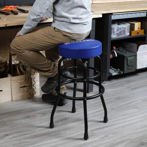 Heavy-Duty Steel Garage Shop Stool With Swivel Cushion Seat, Four Sturdy Legs, 360 Degree Foot Rings, Black Powder Coated Frame And Footrest, Single Pack in use at workbench