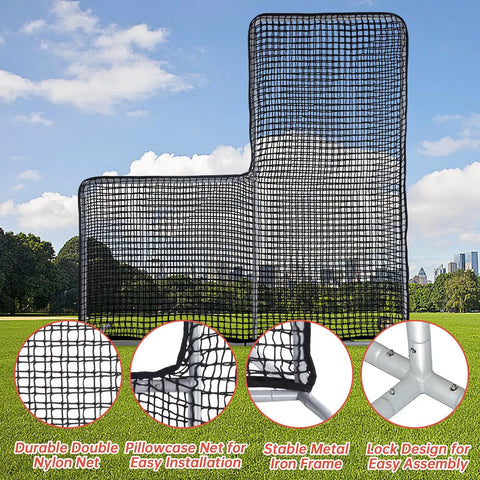 L Screen Baseball Pitching Net With Wheels, 7x7 Ft Steel Frame displayed in a park, showcasing durable netting and sturdy construction