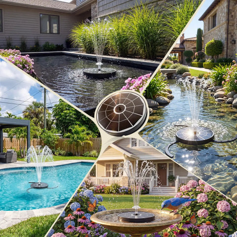 Upgraded 3.7W Glass Solar Panel Bird Bath Fountain Pump in garden pond, swimming pool, and bird bath setup