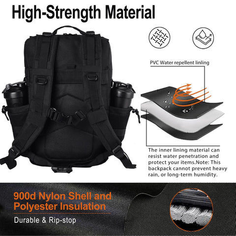 Back view of Rugged 45 Liter Tactical Military Backpack With MOLLE System For Everyday Carry And 3 Day Trips, durable black material