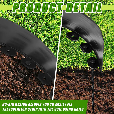 Product detail of 4 Inch By 100 Foot Landscape Edging Kit Plastic Garden Border with 90 anchoring spikes for lawn and flower beds.