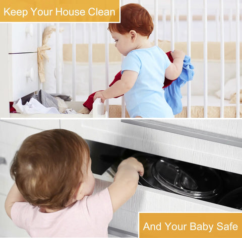 Child exploring kitchen cabinets secured with 12 Pack Invisible Baby Proofing Cabinet Locks With Sticky Adhesive Latches