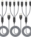 Three Pack Four Foot Three In One USB Charging Cable Set MFi Certified Fast Charge For Lightning USB C And Micro USB Multi Charging Cord Durable Nylon Braided Great For Travel On The Go Must Have. 4 ft braided cable set