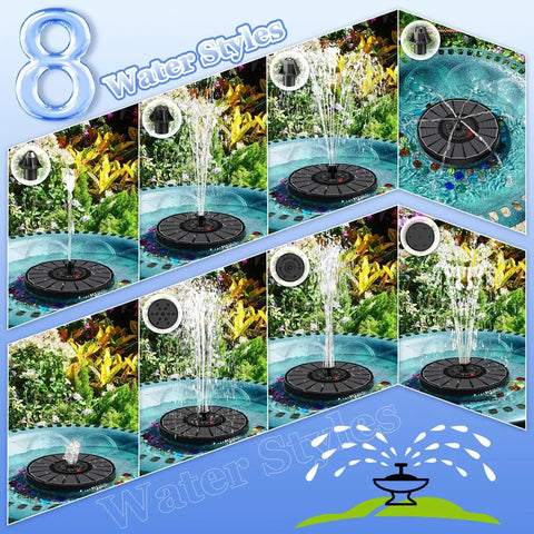 Solar Fountain With 2000mAh Battery And Smart Indicator, 3.5W glass water pump in garden setting with various nozzle styles