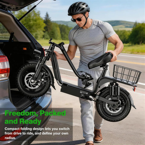All Terrain Electric Scooter With Seat For Adults 1600W Peak Power being loaded into car trunk, foldable with basket