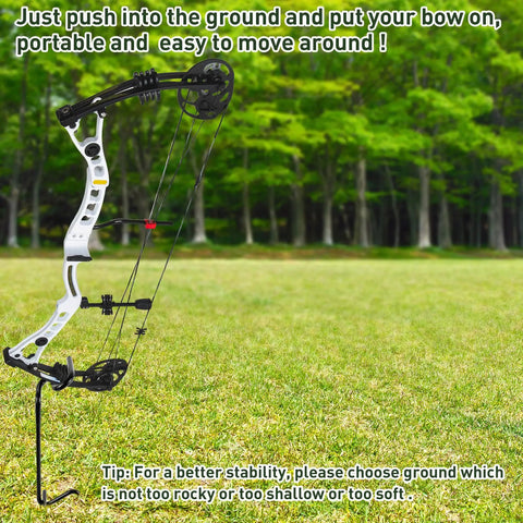 2 Pack Ground Bow Holder Set For Hunting Practice Ready To Go Ground Stake Bow Stand with bow in grassy field