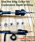 Close-up of Three Piece Depth Adjustable Countersink Drill Bit Set For Wood With Six Replacement Tapered Bits showing depth stop collar