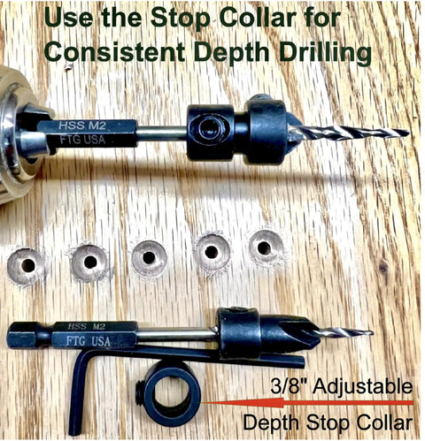 Woodworking Countersink Drill Bit Set With Depth Adjustable 5 Piece Replacement Tapered Bits For Wood Sizes Four Six Eight Ten Twelve In Durable Storage Case Pro Grade By FTG USA, showing depth stop collar with drill bit inserted.