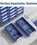 Top view of heavy duty 48 drawer steel parts cabinet with ABS drawers and clear labels for screws, bolts, nuts, and tools.