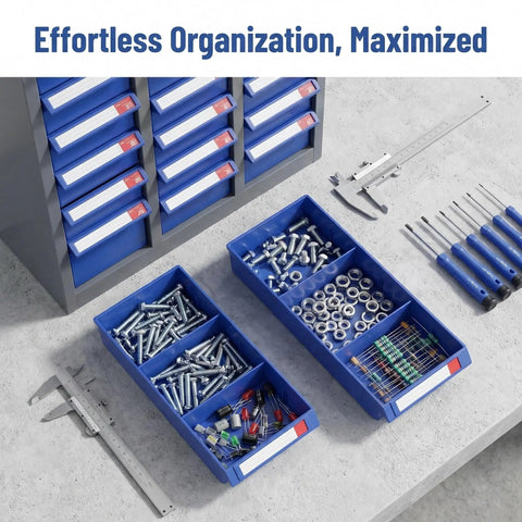 Top view of heavy duty 48 drawer steel parts cabinet with ABS drawers and clear labels for screws, bolts, nuts, and tools.