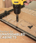 Dual Sided Shelf Pin Jig With One Quarter Inch And Five Millimeter Self Centering Drill Bits used on unassembled cabinets