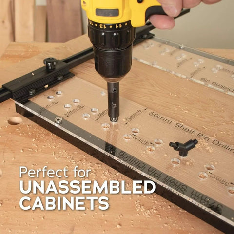 Dual Sided Shelf Pin Jig With One Quarter Inch And Five Millimeter Self Centering Drill Bits used on unassembled cabinets