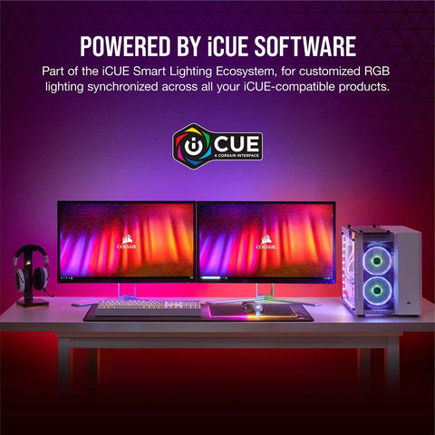 Two 350mm iCUE LS100 Smart Lighting Strips Expansion Kit With 21 Addressable LEDs Each To Level Up RGB Ambient Lighting On Large Monitors And PC Cases Requires iCUE LS100 Starter Kit displayed on desk setup.