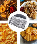 Center close-up of two-piece stainless steel crinkle chopper and French fry cutter with black handle
