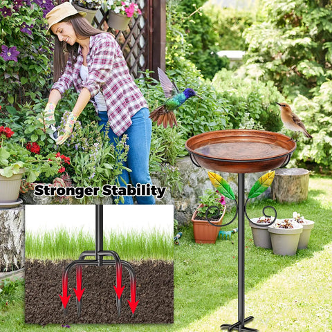 Metal Bird Bath And Feeder Stand For Outdoors, 38.8 Inch Detachable Birdbath With Hummingbird Flower Reliefs installed in garden