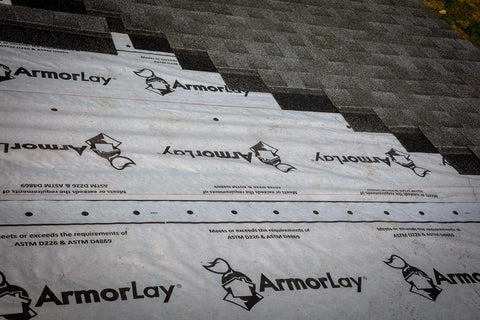 Top Shelf Synthetic Roof Underlayment Roll Covers 10 Squares Heavy Duty Waterproof Barrier laid on a roof deck.