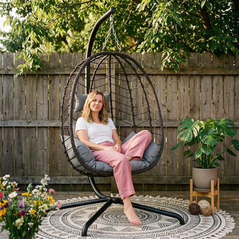 Hanging Egg Chair With Stand For Indoor And Outdoor Relaxation Cozy Wicker Hammock Lounge Chair With Cushion in a garden.