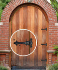 Heavy Duty T Hinge Set For Wooden Fences And Gates Black matte gate hinge on wooden door with cast iron construction