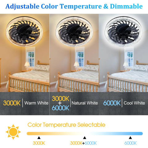 Screw In Ceiling Fan With Light And Remote Dimmable E26 Bulb Socket Adapter showing adjustable color temperature options in a bedroom.