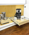 Smooth Operator Slide Out Cabinet Organizer Pull Out Drawer With Polished Chrome Finish And Laminated Wood, showcasing tea and coffee containers.