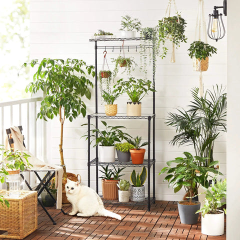 Sleek Adjustable Baker Rack Featuring Four Roomy Tiered Shelves And Six Sturdy Hanging Hooks Delivering A Straight Up Kitchen Game Changer For Counter Storage