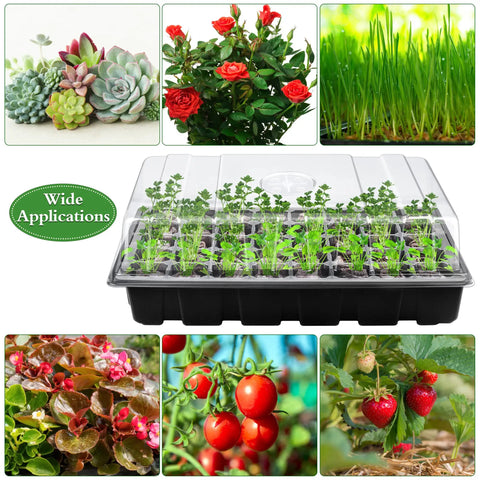 Three Pack No Brainer Seed Starter Tray Kit With 120 Cells Humidity Dome And Base Includes 120 Peat Pellets 100 Plant Labels Two Garden Tools Plastic Plant Growing Trays For Easy Seed Germination And Home Garden Planting Black shown with various plants and seedlings.
