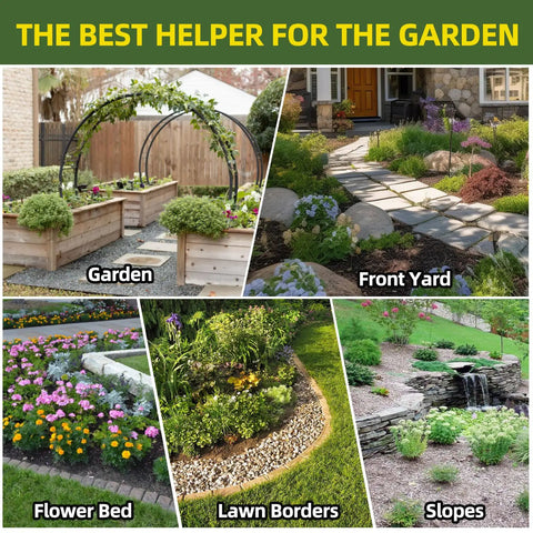 Images showcasing garden, front yard, flower bed, lawn borders, and slopes using Heavy Duty Garden Glue That Sticks Mulch Stones Pebbles Pine Straw and Gravel in Place, Weatherproof and Non Toxic, Covers a Large Area for Gardens Walkways Lawns and Driveways, Keeps Yards Clean and Mulch From Spilling.