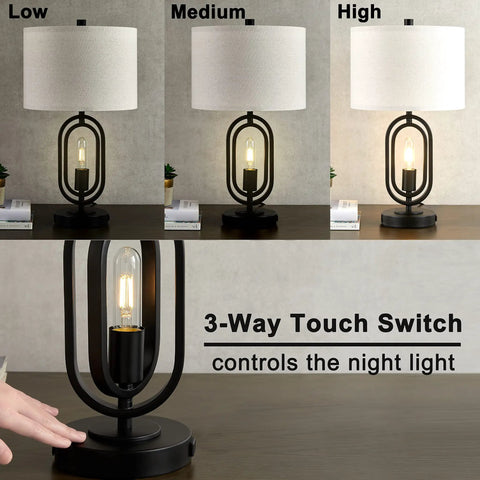 Lit 2 Pack 21.5 Inch 3 Way Dimmable Touch Table Lamps with rotary main light and night light modes showcased in three levels.