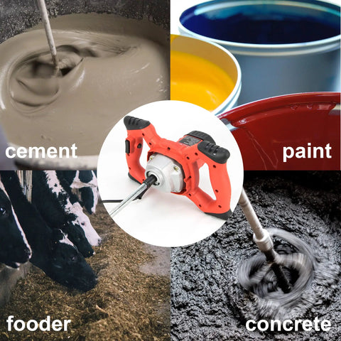 Super Powerful 2100 Watt Electric Handheld Portable Cement Mixer shown mixing cement, paint, concrete, and fodder.