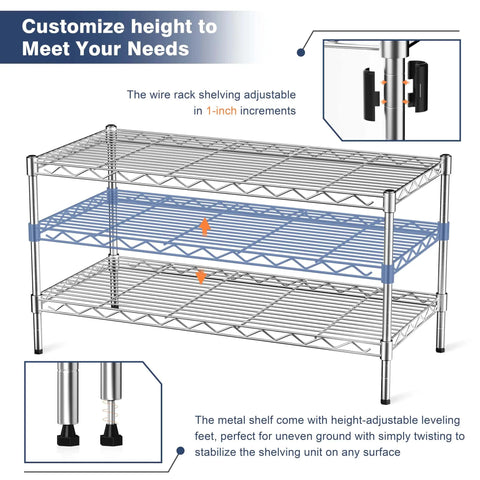 Two Tier Beefy Heavy Duty Wire Shelving Unit With Lockable Wheels 36 Inch Wide 18 Inch Deep 19.5 Inch High Height Adjustable Metal Storage Shelves Organizer For Living Room Garage Kitchen Office Laundry Pantry