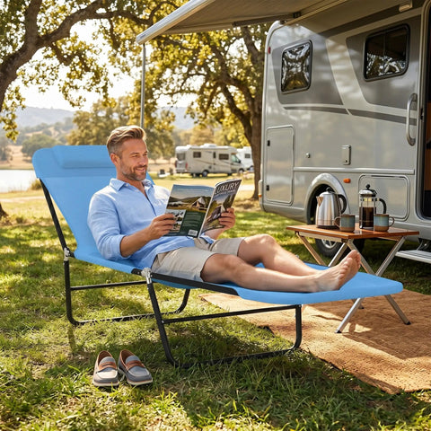 Man relaxing on Folding Chaise Lounge Chair For Poolside Sunbathing And Outdoor Relaxation With Adjustable Backrest near camper