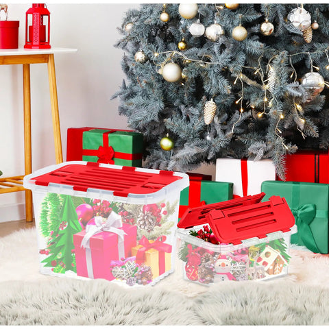 Six Pack Heavy Duty Red Storage Bins With Secure Hinged Lids For Hassle Free Stackable Home Organization And Built Different Clutter Control Solutions Bpa Free Large Capacity Containers with gifts under a Christmas tree.