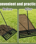 Workhorse Lawn Leveling Rake With A 30 Inch By 10 Inch Stainless Steel Head And 6 Foot Handle used before and after leveling lawn