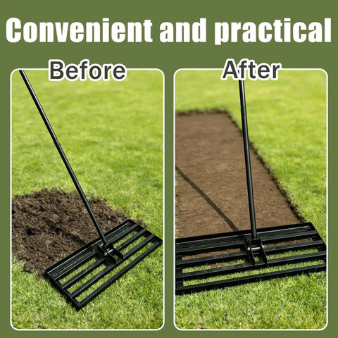 Workhorse Lawn Leveling Rake With A 30 Inch By 10 Inch Stainless Steel Head And 6 Foot Handle used before and after leveling lawn