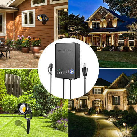 All In One Outdoor Landscape Lighting Kit With Eight 5W LED Spotlights, 80Ft Wire, 60W Low Voltage Transformer, Waterproof Connectors For Yard Garden House, 3000K, 12 To 24V, Eight Pack displayed in various outdoor settings
