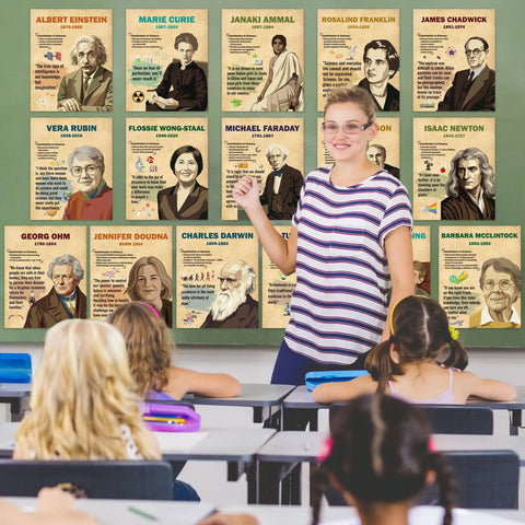 16 Piece Famous Scientists Posters Classroom Set With Retro Science Quotes Inspiring Bulletin Board Decor For Middle And High School Library Hallway Wall Art For STEM Classrooms And Study Corners displayed in a classroom