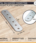 20 Pack Flat Metal Connector Plates 3.94 By 0.63 Inches Galvanized Steel Brackets For Shelves And Furniture Repair, Wood Fixing And DIY Projects, Anti Rust, Corrosion Resistant, Heavy Duty Hardware, showing dimensions and material.