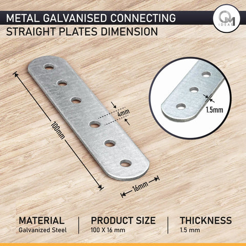 20 Pack Flat Metal Connector Plates 3.94 By 0.63 Inches Galvanized Steel Brackets For Shelves And Furniture Repair, Wood Fixing And DIY Projects, Anti Rust, Corrosion Resistant, Heavy Duty Hardware, showing dimensions and material.