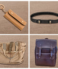 Collage showing leather snap fastener kit applications on a keychain holder, belt, canvas bag, and leather backpack.